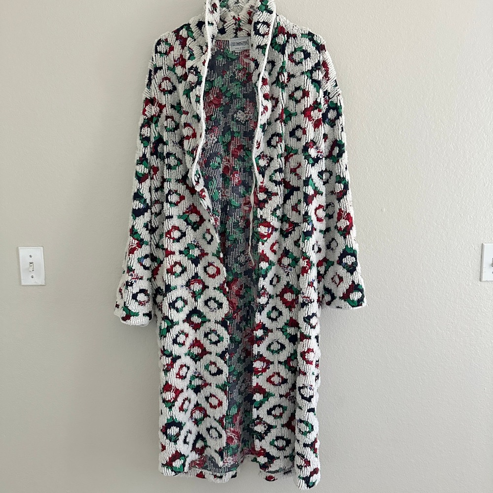 Vtg Crowntuft Chenille Robe Women L White Floral 80s Long Belted USA‎ Made Flaw